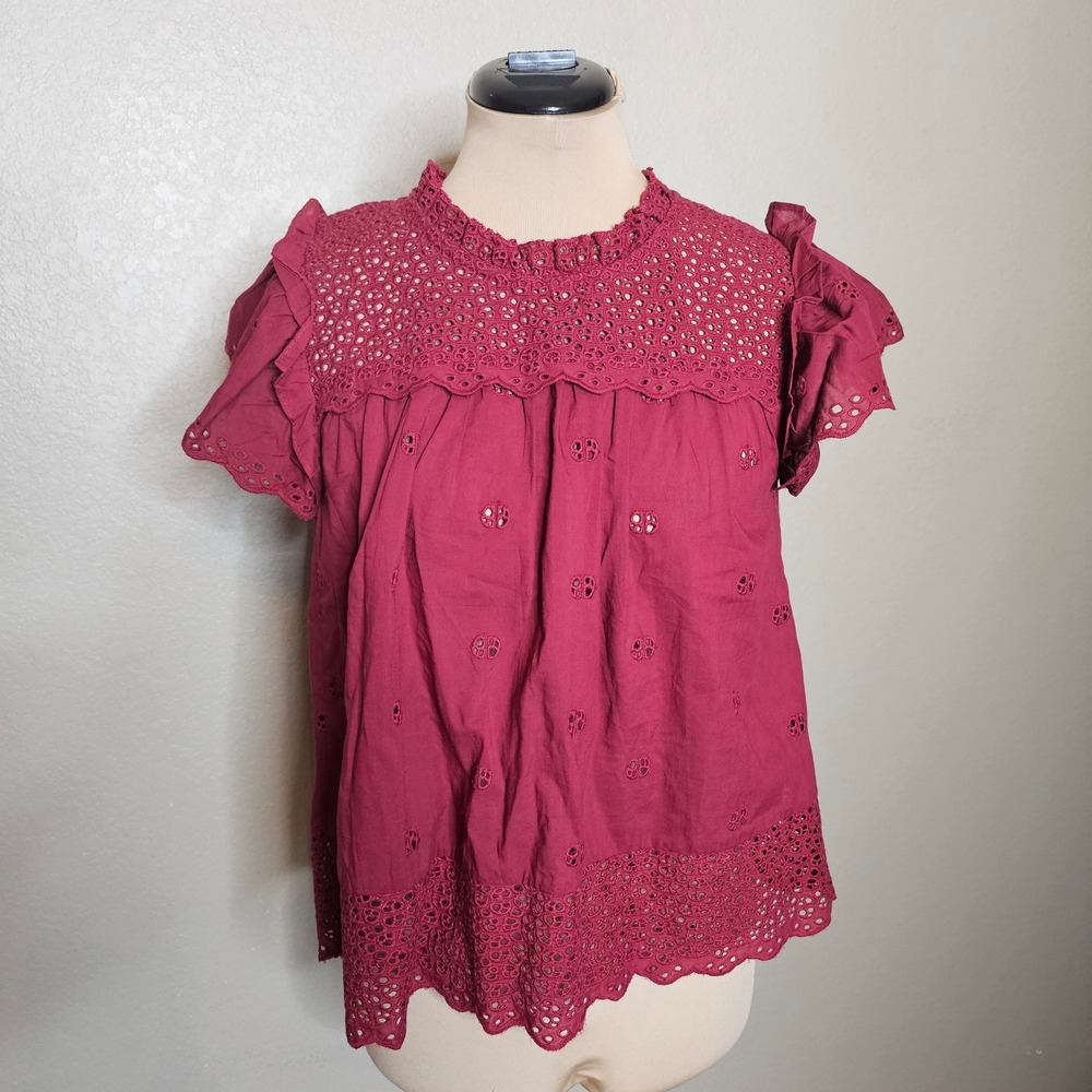 CALYPSO‎ St Barth Eyelet Lace Boho Blouse Top Red Short Sleeve Mock Neck S